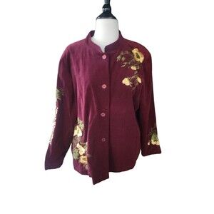 Susan Graver Cottagecore Corduroy Shirt Jacket XL Wine Floral Embroidered Artsy